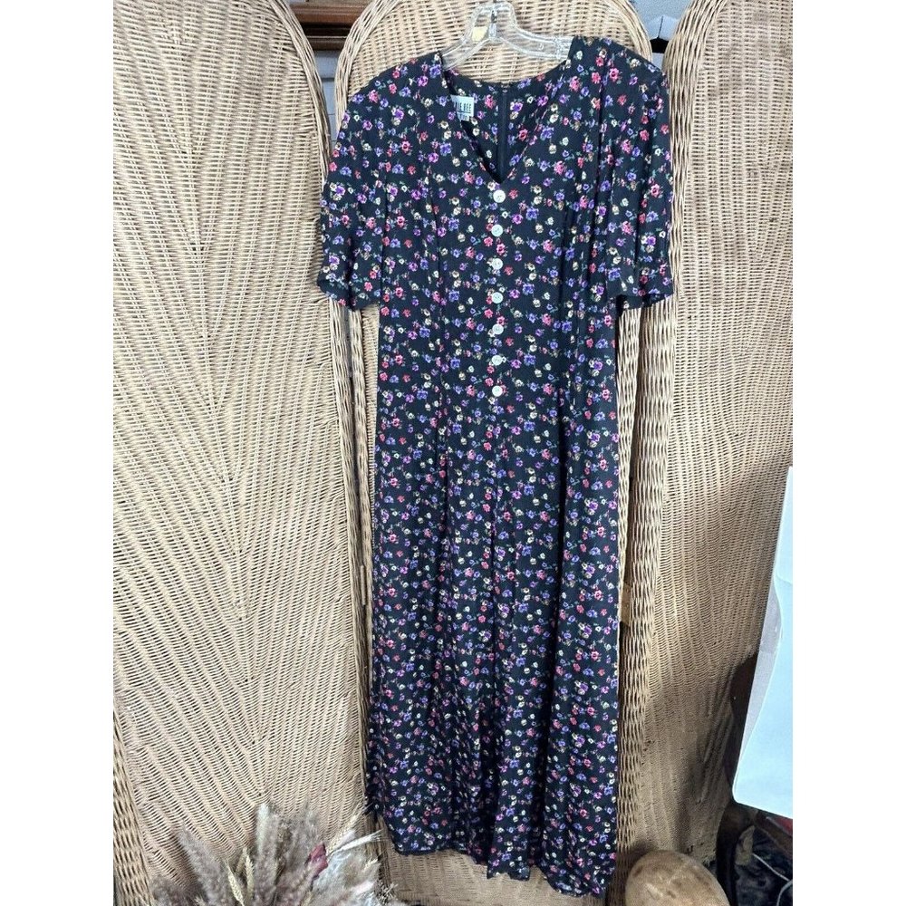 VTG Women's 80s 90s Black Floral Print Jumpsuit 1980s 1990s Size 10 Wide Leg